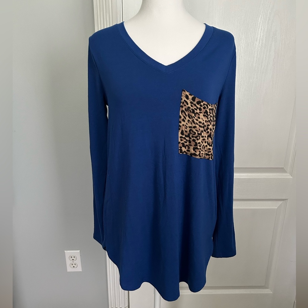 Zenana | Blue Long Sleeve Tee with Cheetah Print Pocket | Size Small